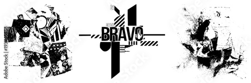 Stylized logo with fragmented shapes and bold typography, abstract graphic design, modern emblem, typographic art, graphic identity.