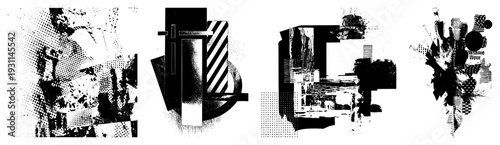 Black and white abstract composition with fragmented shapes, halftone textures, graphic design elements, bold contrast, modern art, vector art.