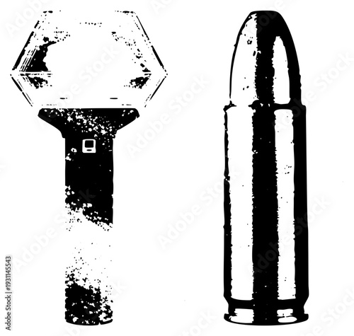 Urban parking meter with hexagonal top and bullet cartridge, vector graphic,, gritty texture, urban infrastructure, firearm component.