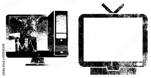 Retro computer displaying waveform data, vintage with antenna, dot matrix screen, analog, digital age, black and white vector illustration.