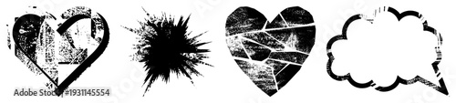 Distressed graphic symbols cracked heart, ink splat, mosaic heart, comic speech bubble. Vector art with gritty texture,, urban aesthetic.