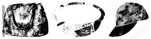 Retro fashion accessories textured handbag, circular belt, camo cap, all in halftone style, graphic vector design, isolated items.