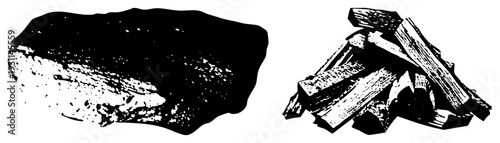 Stone rock and stacked firewood logs, rustic woodpile, campfire fuel, natural elements, woodcut style, outdoor survival, black vector art.