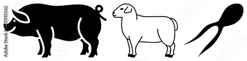 Black silhouette pig, white sheep, and stylized octopus vector, flat design, isolated animal symbols, graphic illustration.