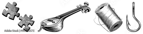 Classic black and white illustration of puzzle pieces, mandolin, thread spool, and fishing hook, vintage engraving style, isolated elements, vector art, craft and fishing motifs.