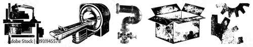 Black and white halftone illustrations of factory equipment, MRI scanner, pipe valve, cardboard box, and gear fragments, technical vector graphics.