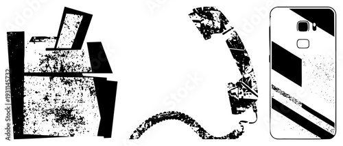 Retro communication devices rendered in distressed vector art, including rotary phone, fax machine, and modern smartphone, all with gritty texture and bold black shapes.