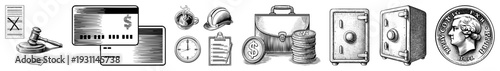 Legal gavel, credit cards, coins, briefcase, safe, time clock, clipboard symbols of commerce, justice, and finance in grayscale vector art.
