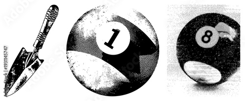 Garden trowel for soil work, pool balls with numbers one and eight, halftone style illustration, isolated vector graphics, gardening tool and billiards equipment.