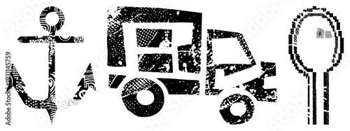 Stylized anchor, bus, and spoon with distressed halftone textures, vector art, design, retro aesthetic, graphic elements.