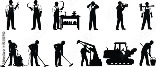 Industrial workers silhouettes set featuring factory laborers, construction operators and maintenance crew with tools and machinery isolated on white background illustration