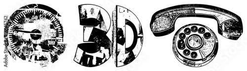 Retro rotary telephone with dial, bold 3D lettering, analog speedometer gauge, distressed texture, vector design.