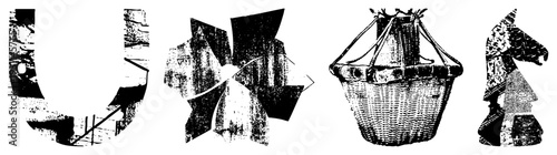 Fragmented black shapes with grainy texture, abstract design elements, stylized vector art, modern graphic composition, isolated cutout forms.