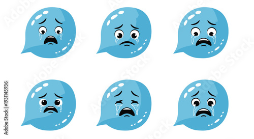 Six blue speech bubbles with varied angry and sad facial expressions arranged in two rows on a white background, viewed from a straightforward perspective.