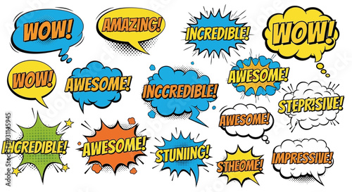 Vibrant Comic Speech Bubbles Expressing Excitement and Emotions in a Dynamic Illustration