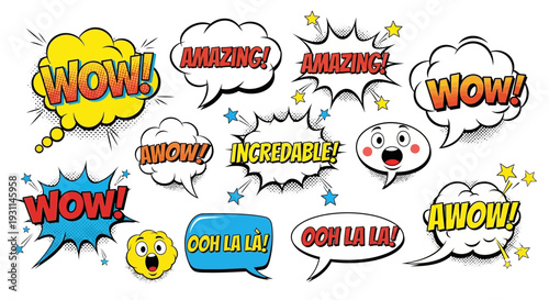 Collection of colorful speech bubbles with various expressions and emotions on a transparent background, viewed from a straightforward perspective
