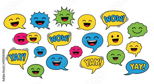 Vibrant Speech Bubbles with Emotive Faces and Expressions in a Playful Cluster