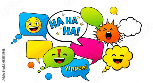Collection of Cartoon Emoticons and Speech Bubbles Expressing Joy and Laughter