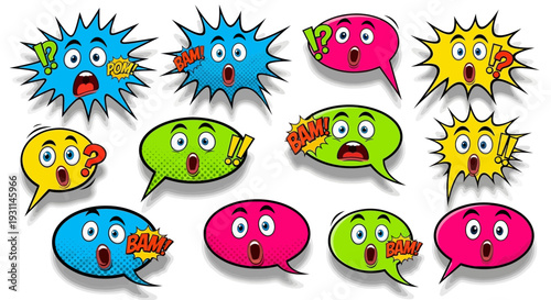Collection of vibrant cartoon speech bubbles with varied emotional expressions displayed together in a digital illustration
