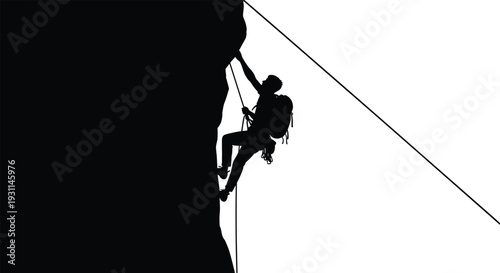Rock climber silhouette ascending steep cliff with rope safety gear, extreme mountaineering adventure isolated on white background illustration