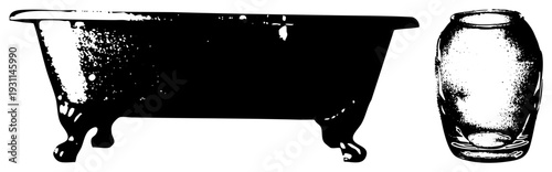 Classic clawfoot bathtub with ornate feet, vintage glass vase with textured surface, vector illustration, bathroom decor elements, antique styling.