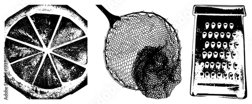 Halftone vector illustration of citrus slice, mesh strainer, and box grater, kitchen tools for food prep, isolated foreground elements, texture.