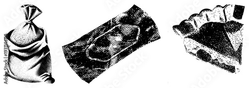 Black and white halftone prints of a tied sack, adhesive bandage, and scalloped pie slice classic medical and domestic rendered in dot.