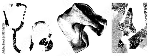 Black and white vector of stethoscope, ear, and surgical tools rendered in halftone dot, isolated foreground elements, medical illustration style.