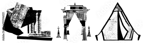 Geometric buildings, stylized archway, tent like forms, halftone textures, vector art, architectural motifs, graphic design elements.