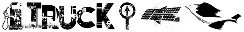 Distressed black lettering spelling "TRUCK" with embedded, solar panel, and bird silhouette, gritty urban art, stencil graffiti style, vector graphic.