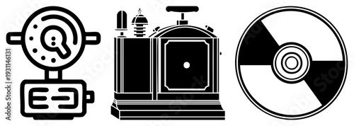 Classic radio receiver, magnifying glass for search, compact disc, retro tech, digital storage symbols, minimalist vector set.