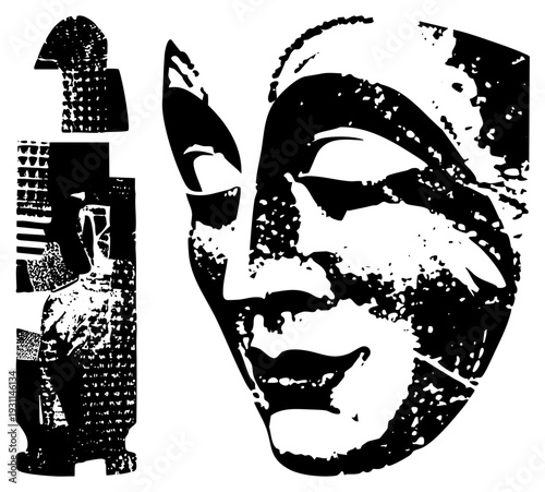 Black and white stylized laughing face with fragmented halftone texture, graphic art, isolated vector silhouette, expressive emotion, pop art aesthetic.