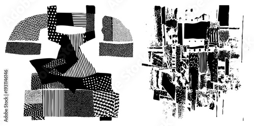 Black and white abstract composition featuring fragmented shapes, halftone textures, and bold, graphic design element, modern art, vector illustration, stylized forms.