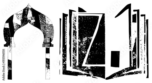 Stylized Islamic arch with geometric, open Quran book with Arabic script, halftone texture, religious, black and white vector design.