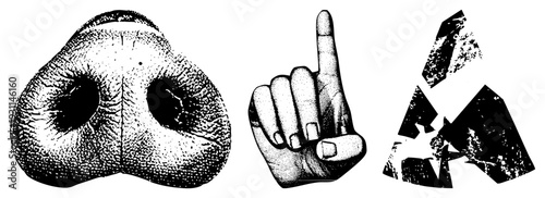 Detailed halftone nose texture, finger pointing gesture, fragmented triangle vector illustrations, graphic design elements, isolated symbols.