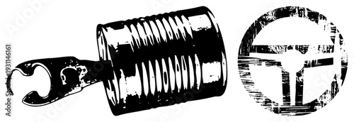 Classic socket wrench tool with textured grip, paired with circular gear symbol, halftone style, mechanical engineering graphic, isolated design.