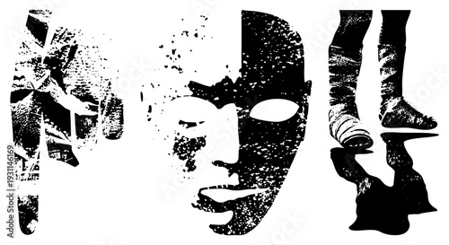 Abstract vector illustration featuring hand gesture, face mask, and boots with reflection artistic stencil style, high contrast design, symbolic.