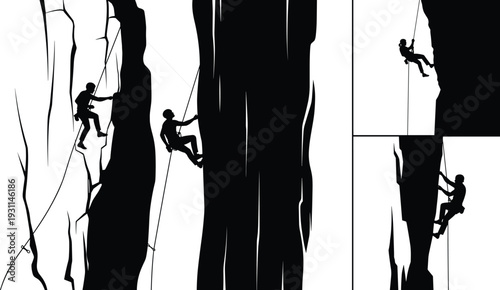 Rock climbing silhouettes composition with climbers ascending steep cliffs using rope safety equipment, extreme outdoor adventure sport isolated on white background