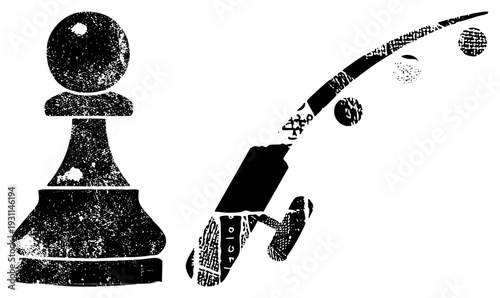 Black and white vector graphics of chess pawn and fishing rod, stylized with distressed texture, isolated symbols, strategic game and leisure activity.