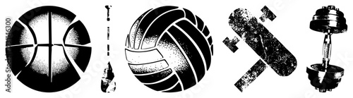 Black and white halftone graphic of sport gear, stylized athletic, vector symbols for fitness and games, isolated sports equipment.