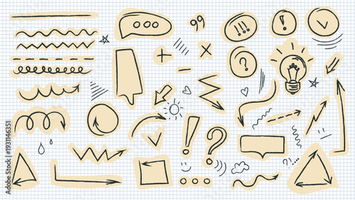 A set of hand-drawn arrows, speech bubbles, icons, question marks, exclamation marks, idea bulbs, and decorative elements on a checkered background. Sketchy, creative elements for presentation design