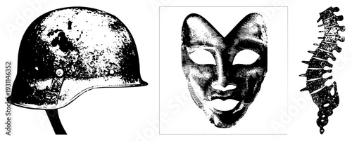 Three halftone vector weathered helmet,傩面具, bone like form., gritty texture, isolated foreground.