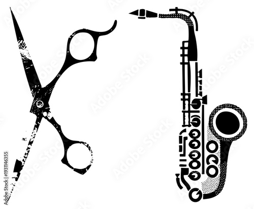Artistic black and white vector illustration of scissors and saxophone, cutout design, music and fashion, halftone texture, urban street art style.