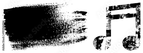 Stylized music note and brushstroke with halftone texture, graphic art, design, vector illustration, symbol, artistic mark, music.