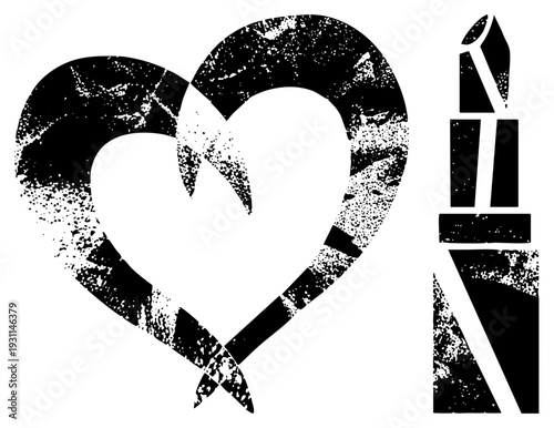 Black and white vector illustration of a heart shaped snake coiled around a lipstick, distressed texture, stylized graphic, romantic or edgy design element.