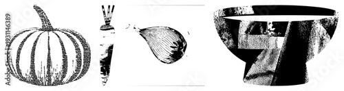 Pumpkin, carrot, onion depicted in halftone dot, alongside geometric bowl, vector art, isolated food graphics, stylized produce illustration.