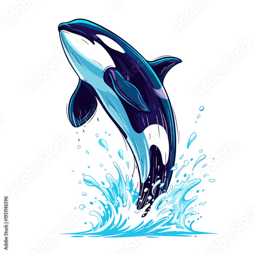 Stylized illustration of an orca killer whale leaping out of blue water with a dynamic splash