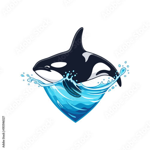 Stylized killer whale jumping out of blue water with splashes