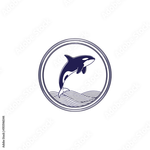 Stylized killer whale jumping out of water in a circular emblem