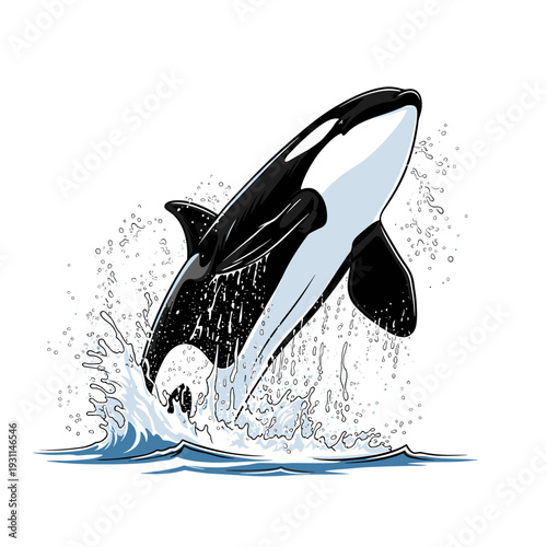 Stylized killer whale jumping from the ocean surface with splashes